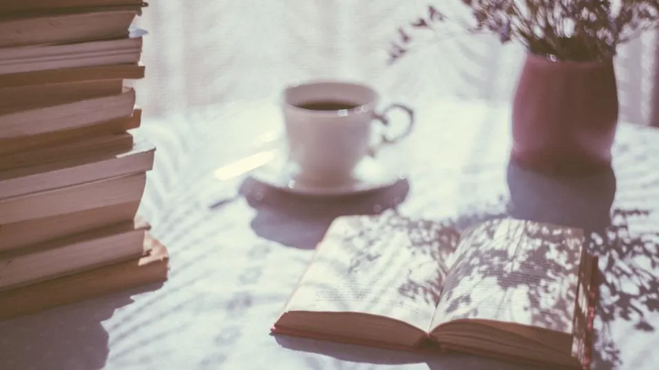Kaffeetasse und aufgeschlagenes Buch im hellen Morgenlicht am Fenster